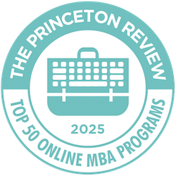Circle badge from The Princeton Review symbolizing The Top 50 Online MBA Programs